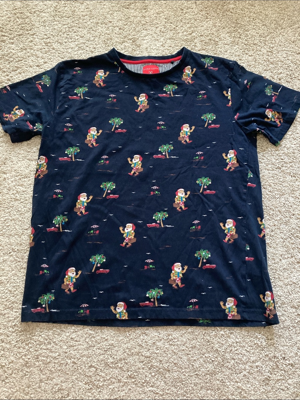 Denim & Flower Vacation Santa Navy Blue Short Size Medium 100% Cotton